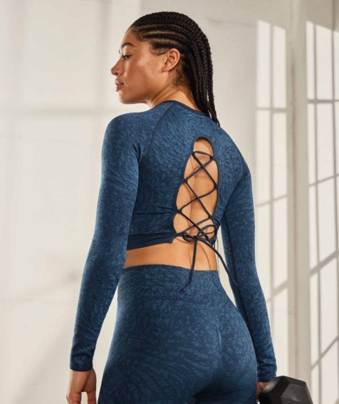 Women's Gymshark Adapt Animal Seamless Lace Up Back Cropped Tops Navy | CA 7ND863